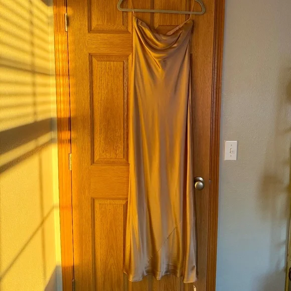 Reformation Satin Strapless Midi Dress in Rose Gold - Picture 2 of 9